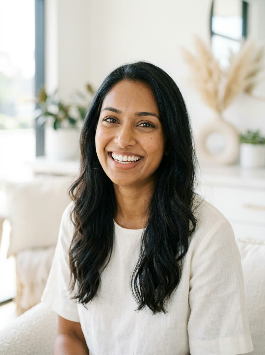 AI-generated illustrative portrait of a smiling woman — not an Ortho Align patient